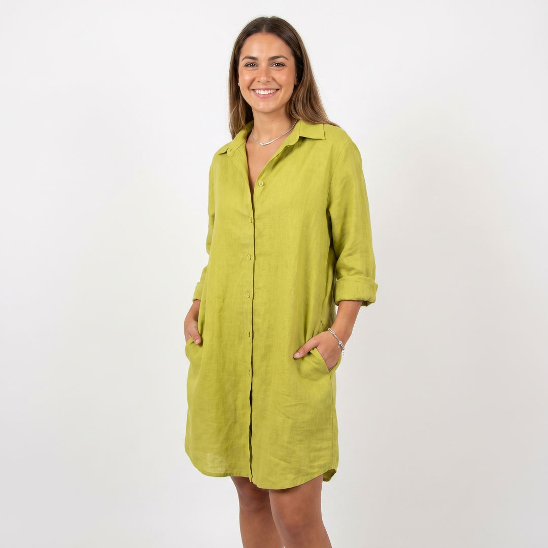 Women's Linen Shirt Dress Button-Down Knee Length Relaxed Fit