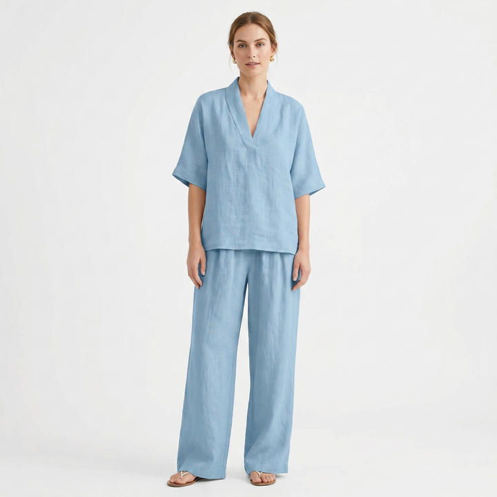 Women's Linen Two-Piece Set V-Neck Top and Wide-Leg Pants Relaxed Fit