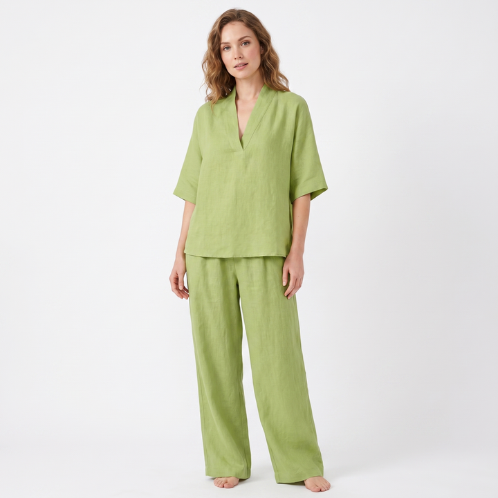 Women's Linen Two-Piece Set V-Neck Top and Wide-Leg Pants Relaxed Fit