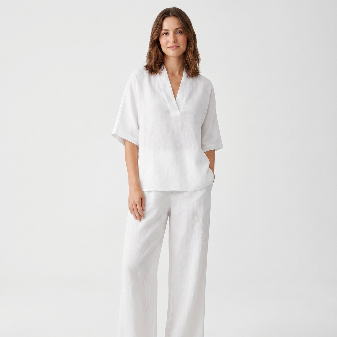 Women's Linen Two-Piece Set V-Neck Top and Wide-Leg Pants Relaxed Fit