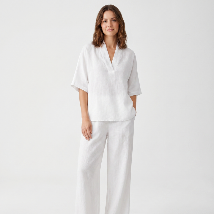 Women's Linen Two-Piece Set V-Neck Top and Wide-Leg Pants Relaxed Fit