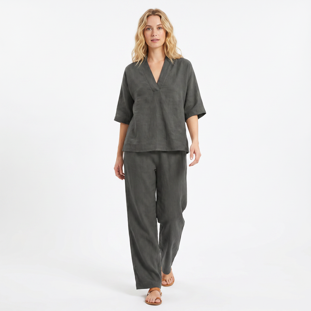 Women's Linen Two-Piece Set V-Neck Top and Wide-Leg Pants Relaxed Fit
