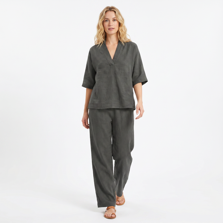 Women's Linen Two-Piece Set V-Neck Top and Wide-Leg Pants Relaxed Fit