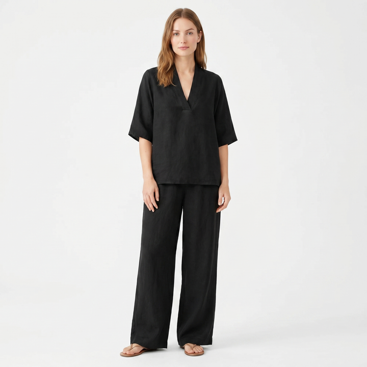 Women's Linen Two-Piece Set V-Neck Top and Wide-Leg Pants Relaxed Fit
