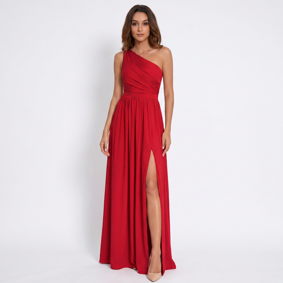 Women's One Shoulder Chiffon Maxi Dress Ruched Waist High Slit Formal