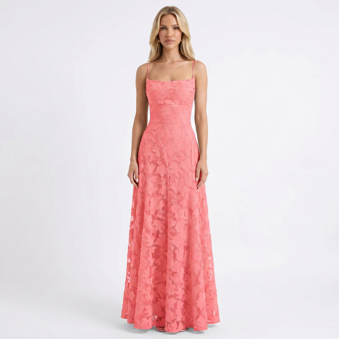 Women's Floral Lace Maxi Dress Spaghetti Strap A-Line Formal Evening