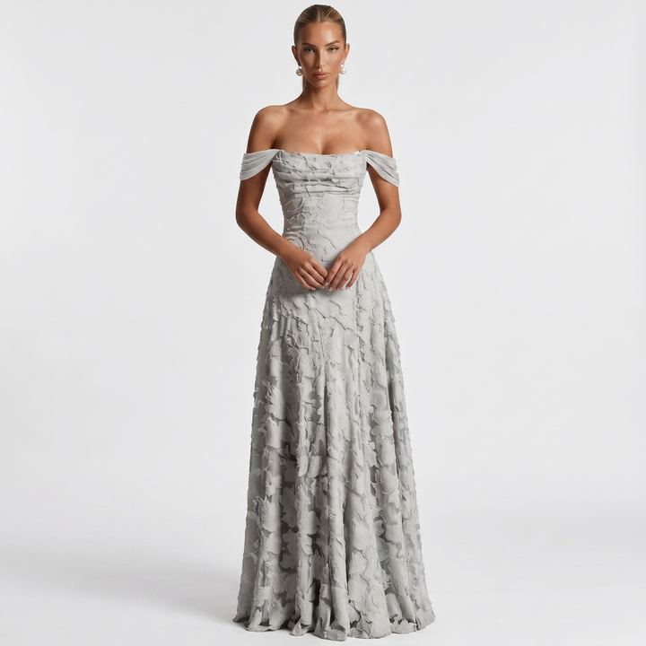 Women's Off Shoulder Maxi Dress 3D Floral Appliqué A-Line Formal Gown