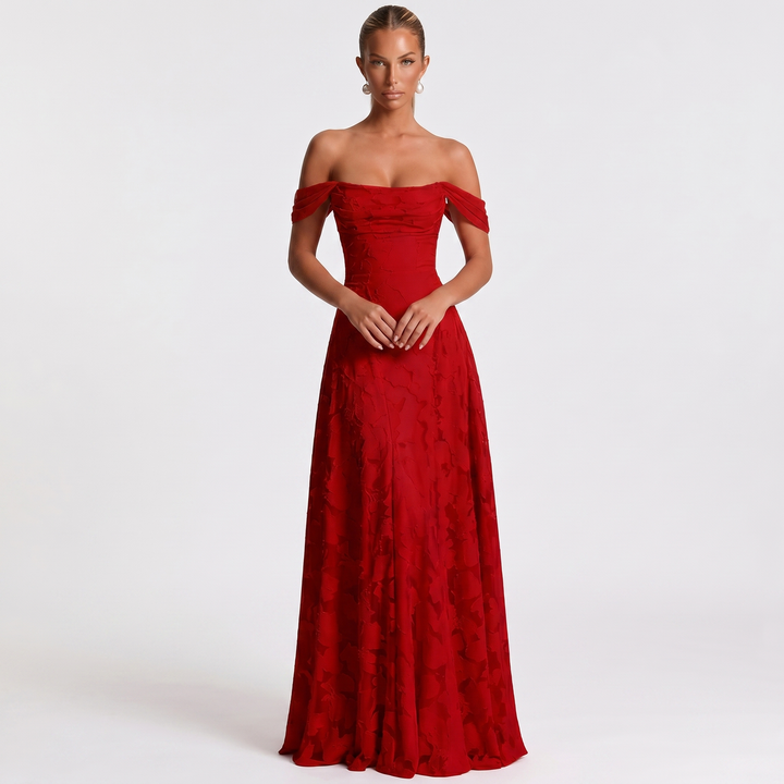 Women's Off Shoulder Maxi Dress 3D Floral Appliqué A-Line Formal Gown