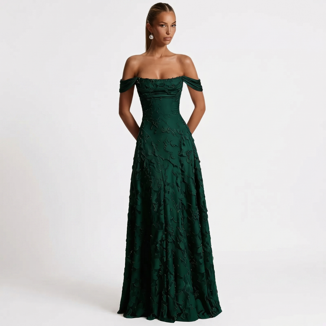 Women's Off Shoulder Maxi Dress 3D Floral Appliqué A-Line Formal Gown