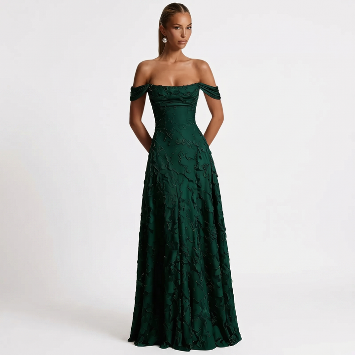 Women's Off Shoulder Maxi Dress 3D Floral Appliqué A-Line Formal Gown