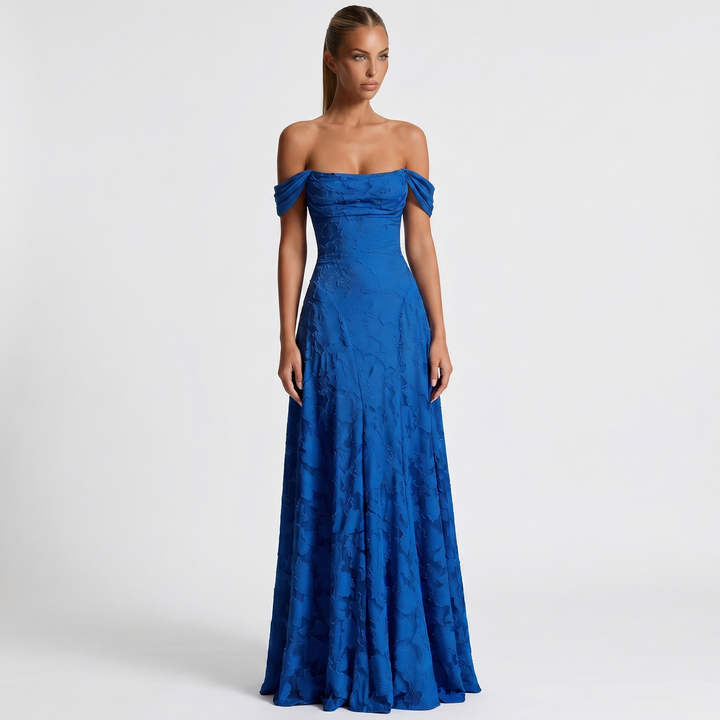 Women's Off Shoulder Maxi Dress 3D Floral Appliqué A-Line Formal Gown