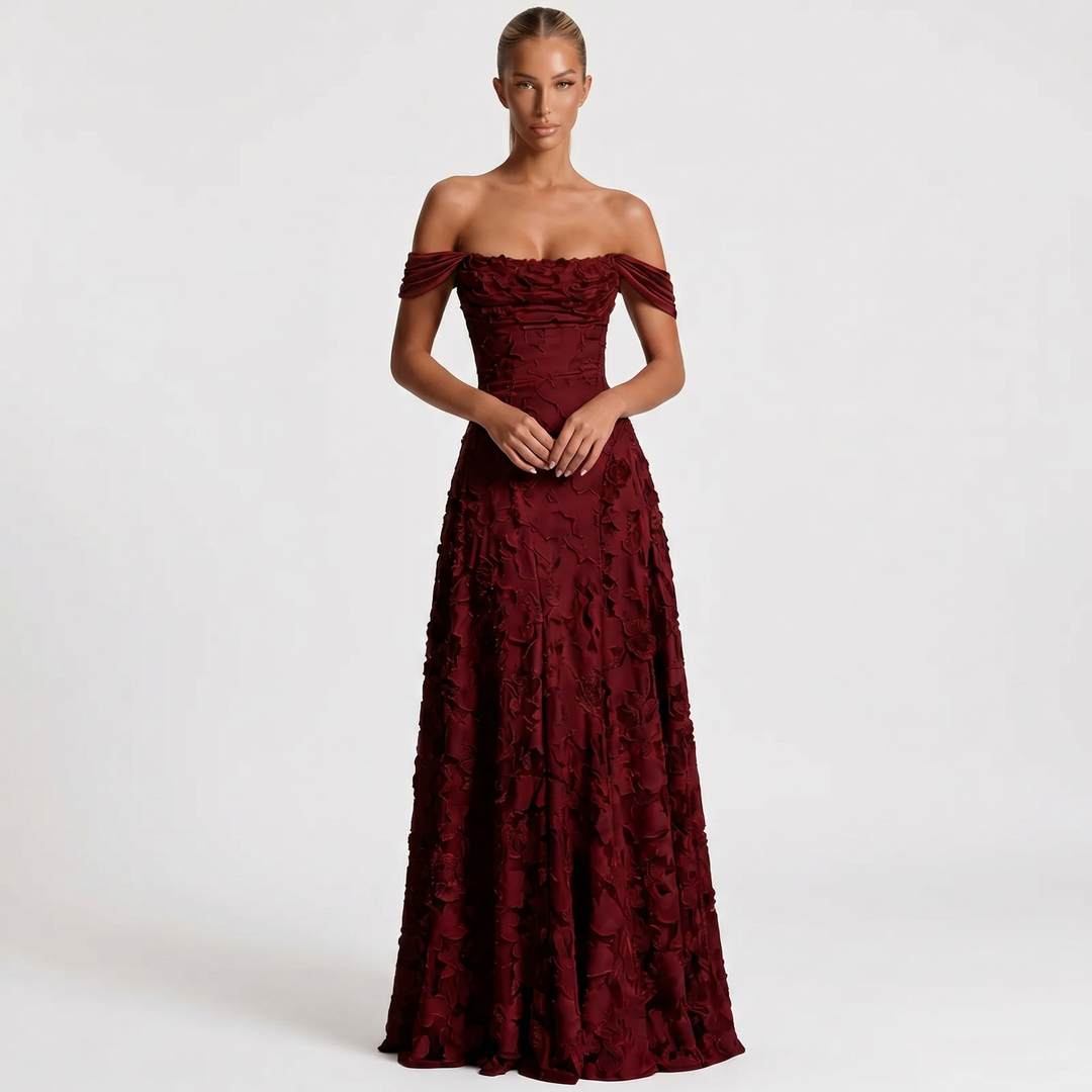 Women's Off Shoulder Maxi Dress 3D Floral Appliqué A-Line Formal Gown