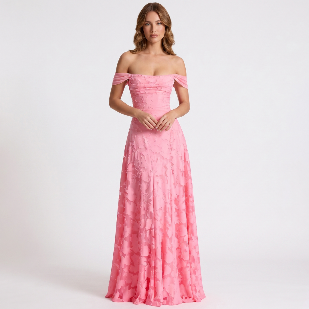 Women's Off Shoulder Maxi Dress 3D Floral Appliqué A-Line Formal Gown