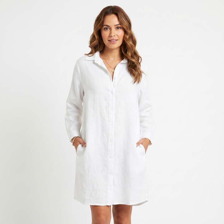 Women's Linen Shirt Dress Button-Down Knee Length Relaxed Fit
