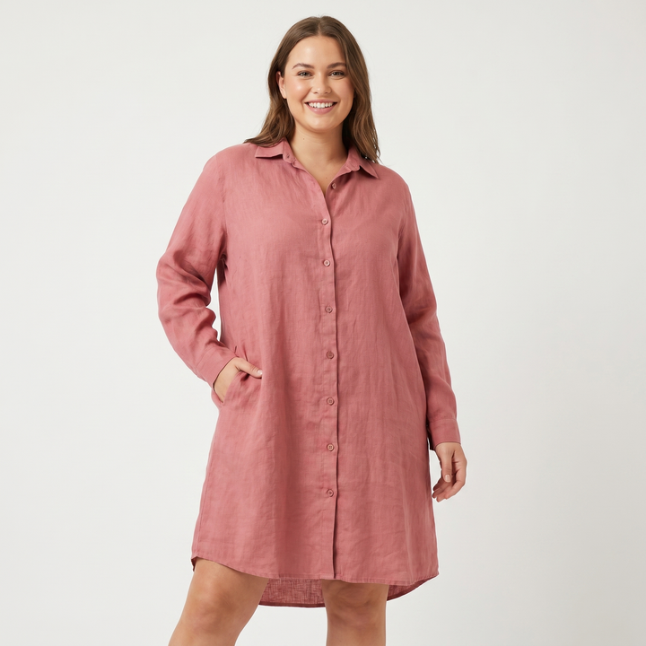 Women's Linen Shirt Dress Button-Down Knee Length Relaxed Fit