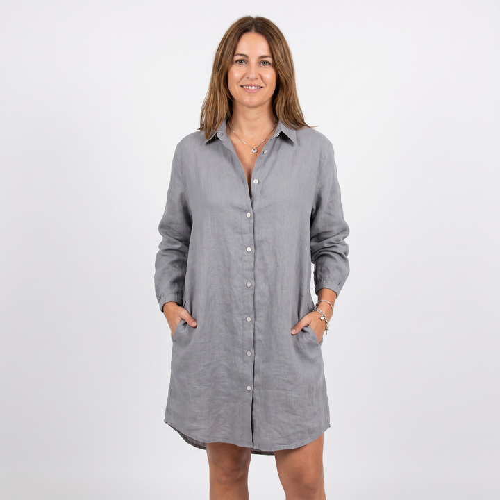 Women's Linen Shirt Dress Button-Down Knee Length Relaxed Fit