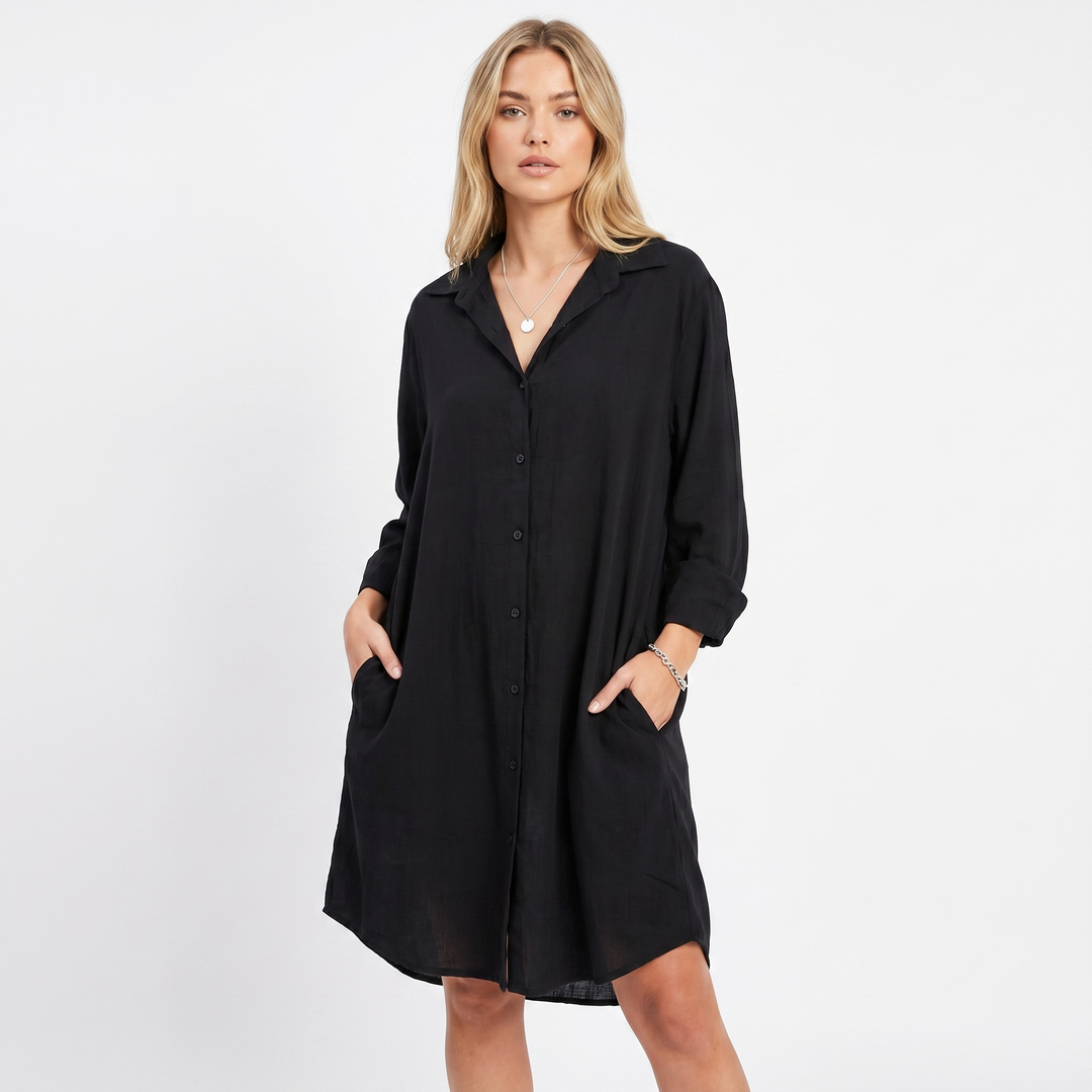 Women's Linen Shirt Dress Button-Down Knee Length Relaxed Fit