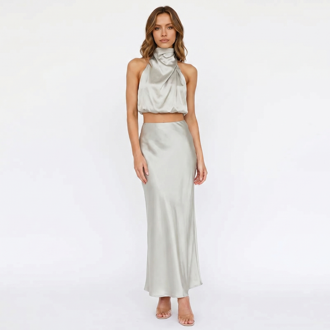 Women's Satin Two-Piece Set Halter Neck Crop Top Maxi Skirt Formal