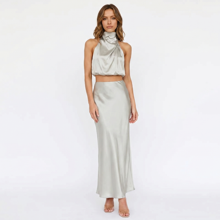 Women's Satin Two-Piece Set Halter Neck Crop Top Maxi Skirt Formal