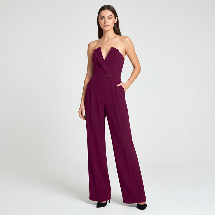 Women's Strapless Wide Leg Jumpsuit Belted Tuxedo Formal Evening