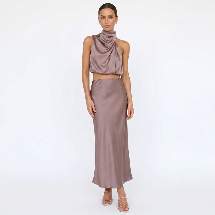 Women's Satin Two-Piece Set Halter Neck Crop Top Maxi Skirt Formal