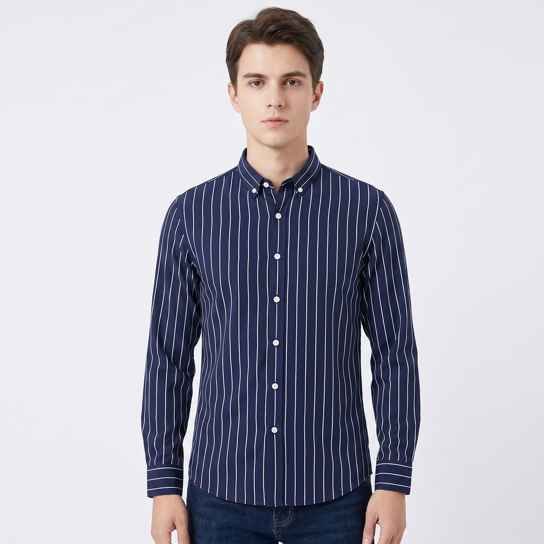 Men's Striped Long Sleeve Shirt Slim Fit Button-Down Smart Casual