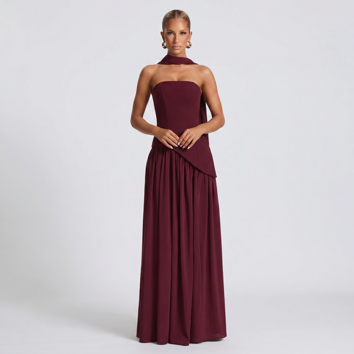 Women's Strapless Maxi Dress Corset Bodice Pleated Skirt Scarf Formal Gown