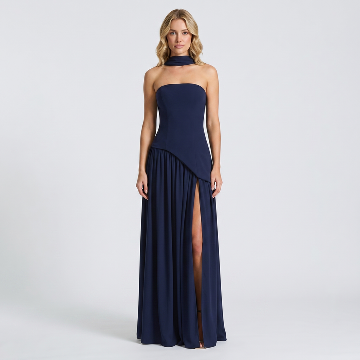 Women's Strapless Maxi Dress Corset Bodice Pleated Skirt Scarf Formal Gown