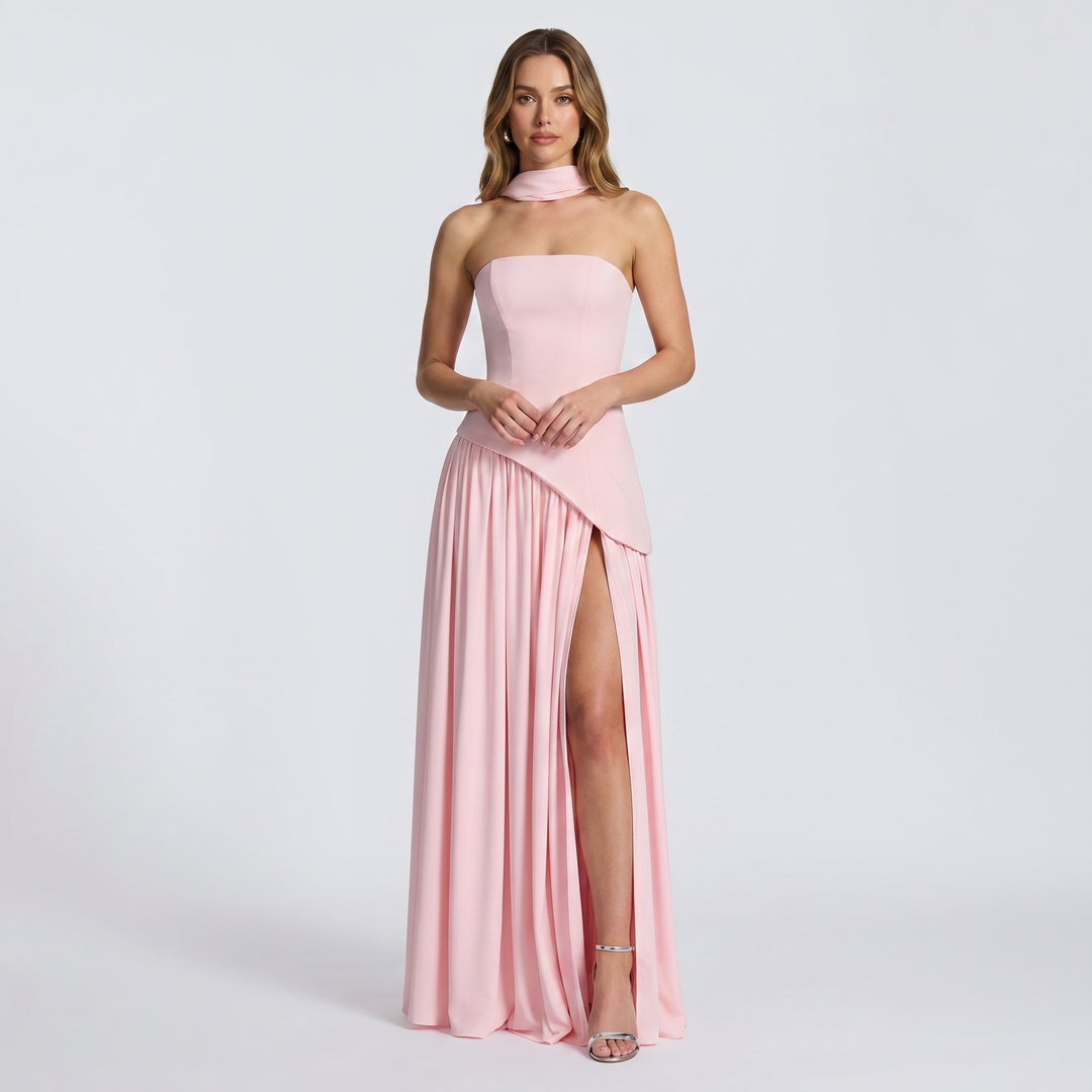Women's Strapless Maxi Dress Corset Bodice Pleated Skirt Scarf Formal Gown