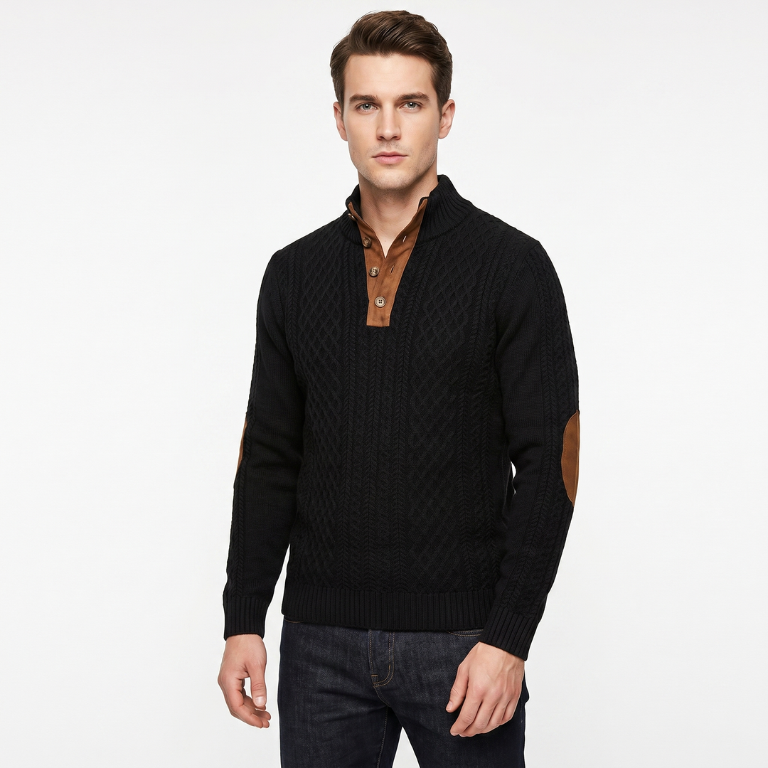 Men's Cable Knit Half Button Sweater Elbow Patch Pullover Chunky Knit