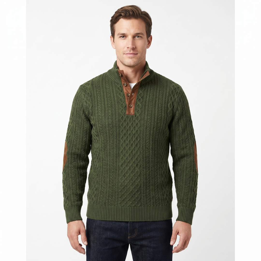 Men's Cable Knit Half Button Sweater Elbow Patch Pullover Chunky Knit