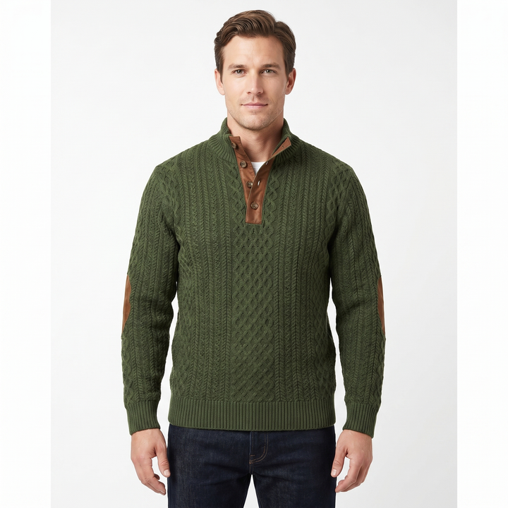 Men's Cable Knit Half Button Sweater Elbow Patch Pullover Chunky Knit