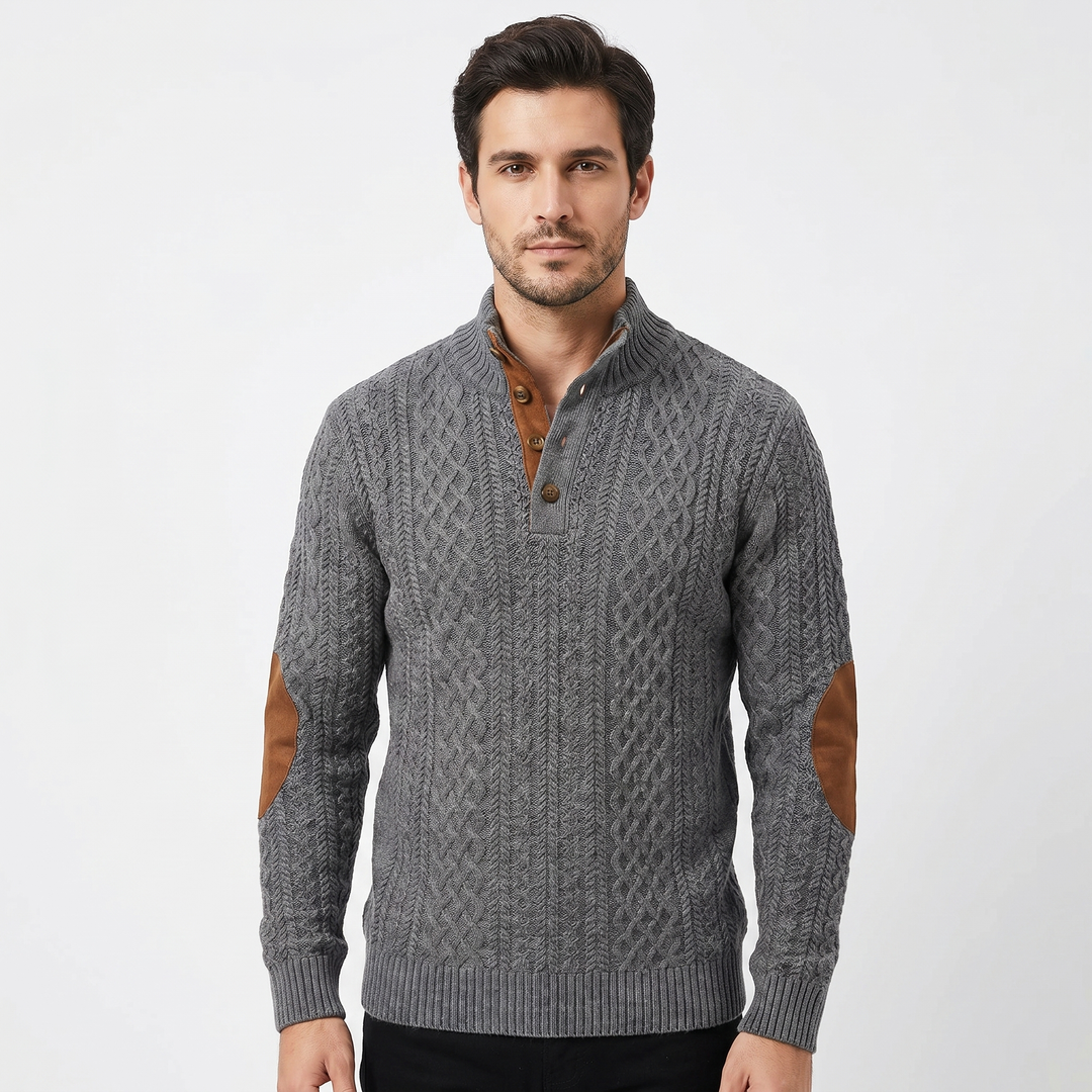 Men's Cable Knit Half Button Sweater Elbow Patch Pullover Chunky Knit