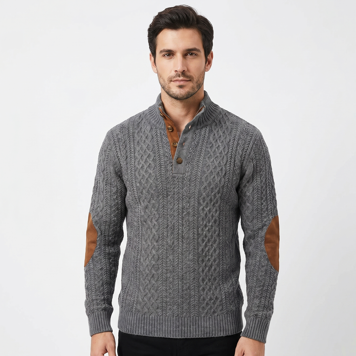 Men's Cable Knit Half Button Sweater Elbow Patch Pullover Chunky Knit