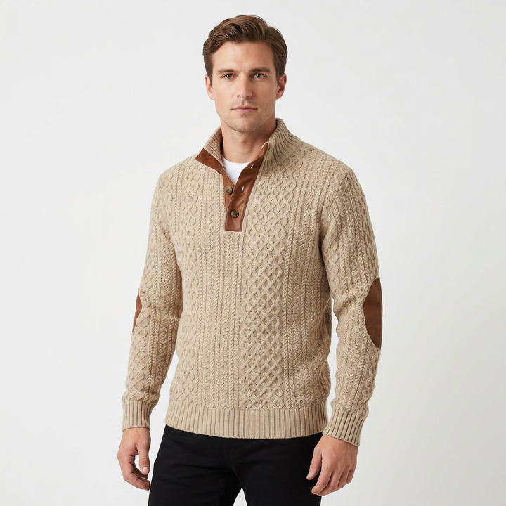 Men's Cable Knit Half Button Sweater Elbow Patch Pullover Chunky Knit