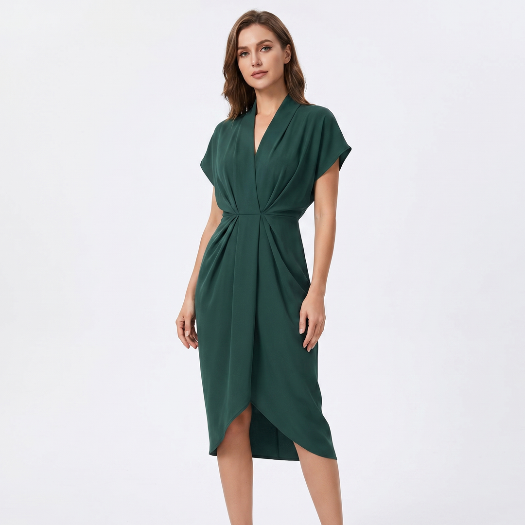 Women's Wrap Midi Dress V-Neck Twisted Waist Batwing Sleeve Smart Casual