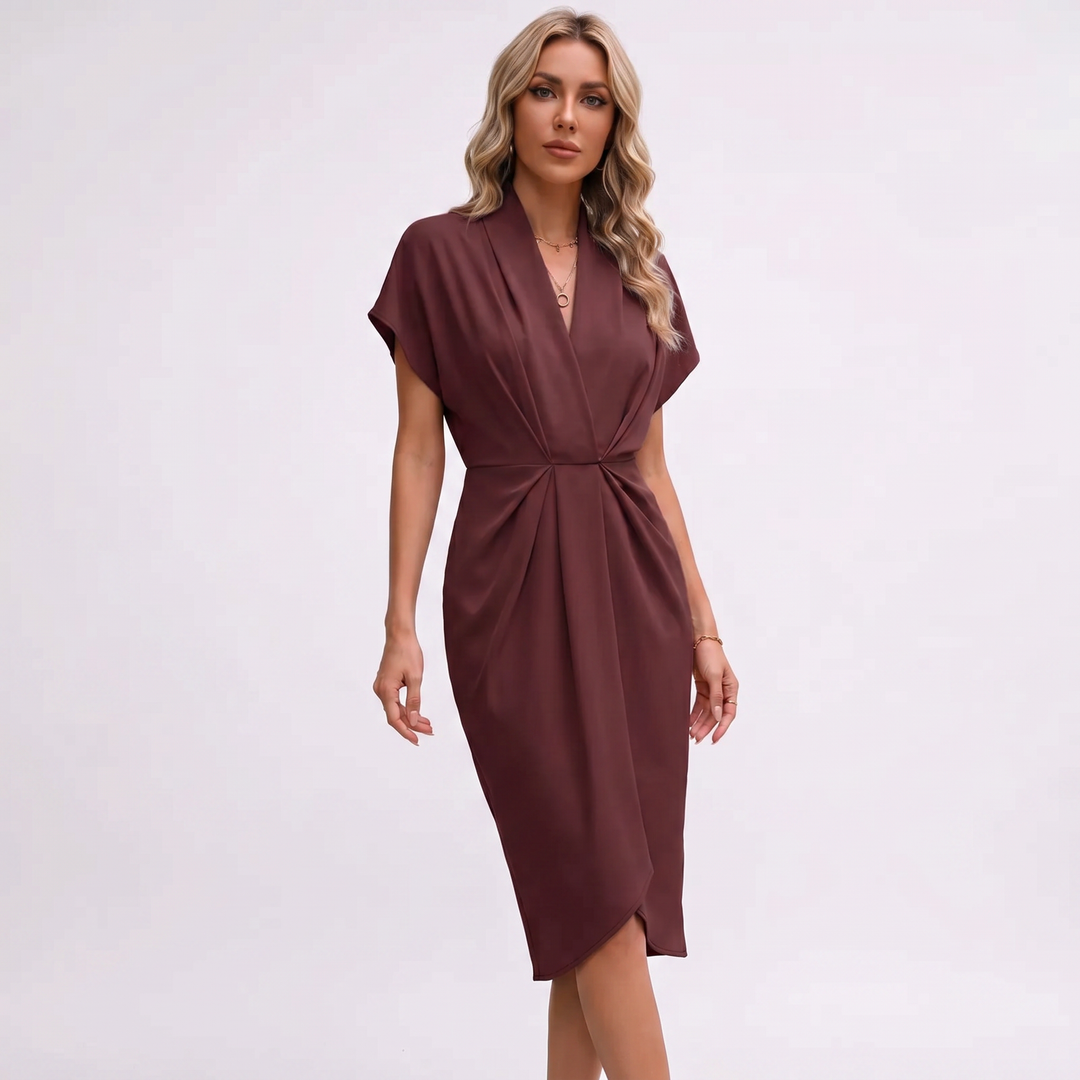 Women's Wrap Midi Dress V-Neck Twisted Waist Batwing Sleeve Smart Casual