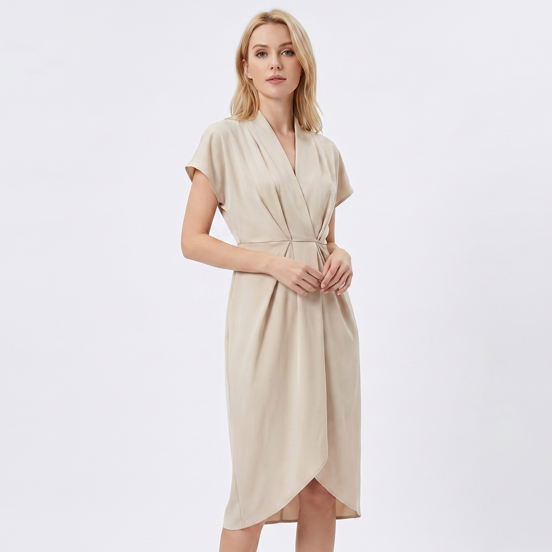 Women's Wrap Midi Dress V-Neck Twisted Waist Batwing Sleeve Smart Casual
