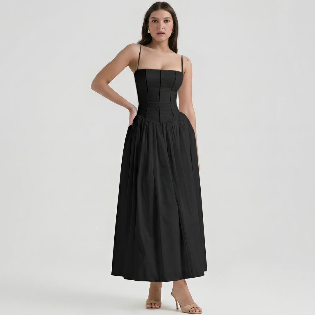 Women's Corset Bodice Maxi Dress Spaghetti Strap Full Skirt A-Line Sundress