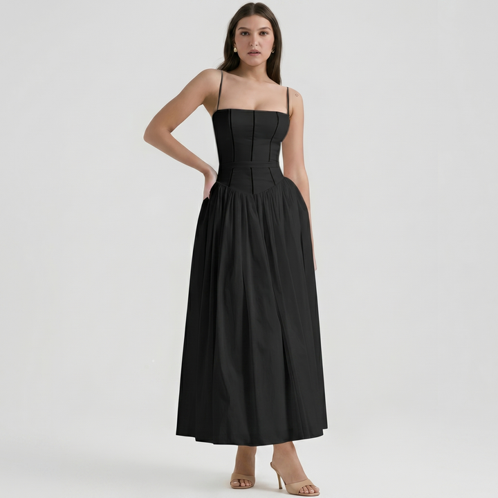 Women's Corset Bodice Maxi Dress Spaghetti Strap Full Skirt A-Line Sundress
