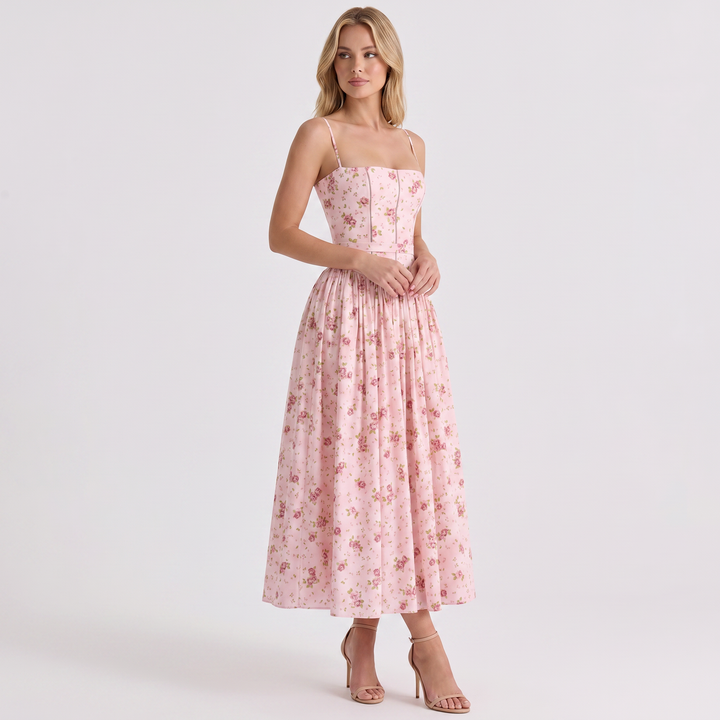 Women's Corset Bodice Maxi Dress Spaghetti Strap Full Skirt A-Line Sundress