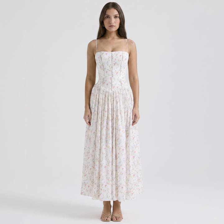 Women's Corset Bodice Maxi Dress Spaghetti Strap Full Skirt A-Line Sundress