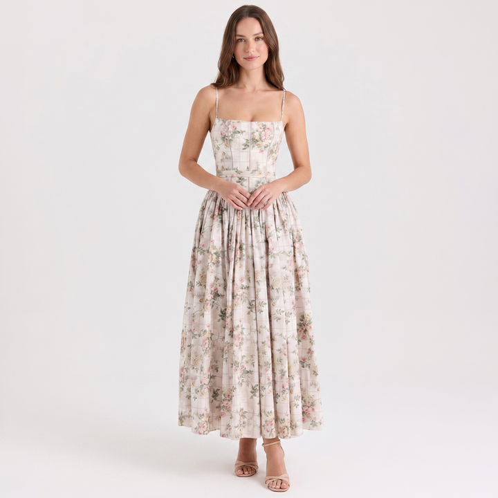 Women's Corset Bodice Maxi Dress Spaghetti Strap Full Skirt A-Line Sundress