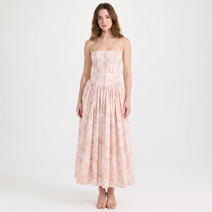 Women's Corset Bodice Maxi Dress Spaghetti Strap Full Skirt A-Line Sundress