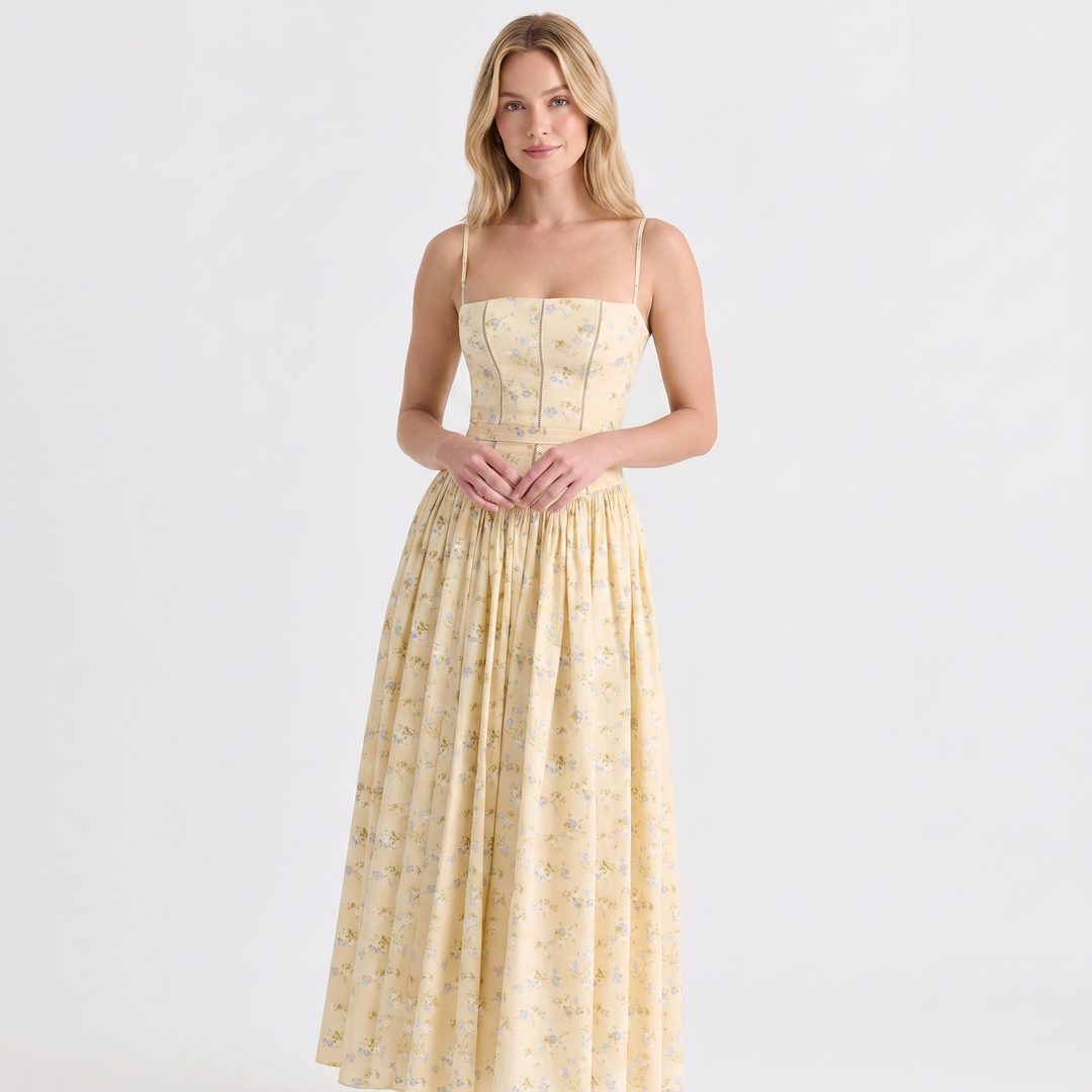 Women's Corset Bodice Maxi Dress Spaghetti Strap Full Skirt A-Line Sundress
