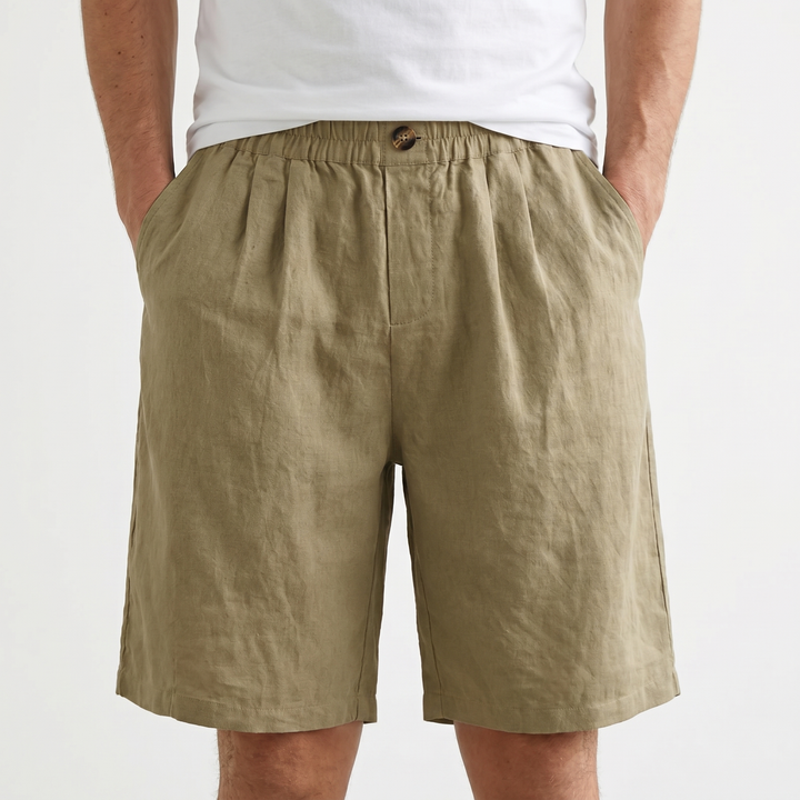 Men's Linen Shorts Elastic Waist Pleated Casual Summer Beach Shorts