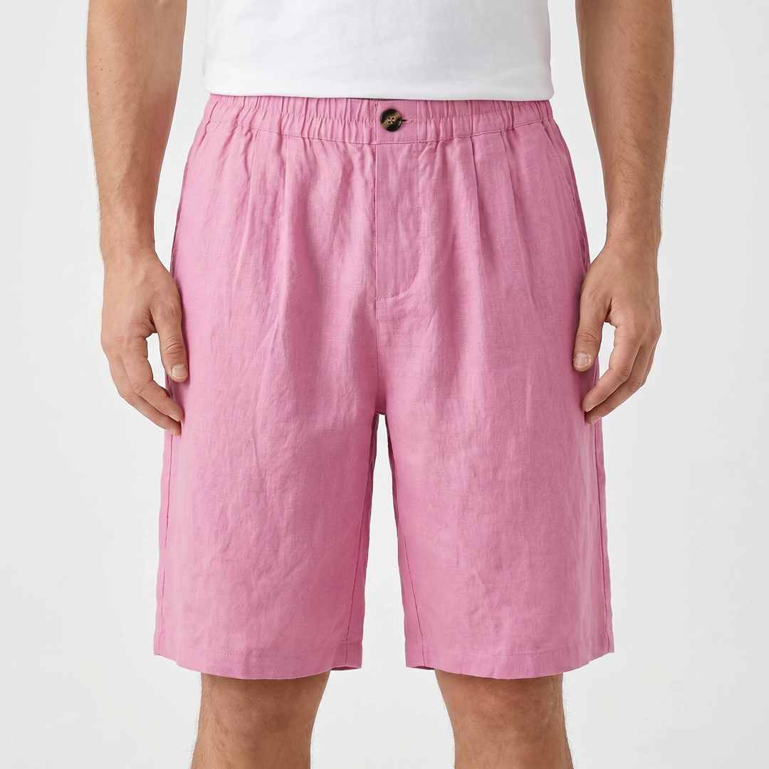 Men's Linen Shorts Elastic Waist Pleated Casual Summer Beach Shorts