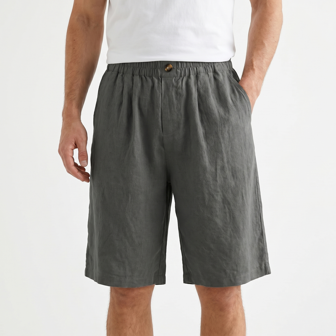 Men's Linen Shorts Elastic Waist Pleated Casual Summer Beach Shorts