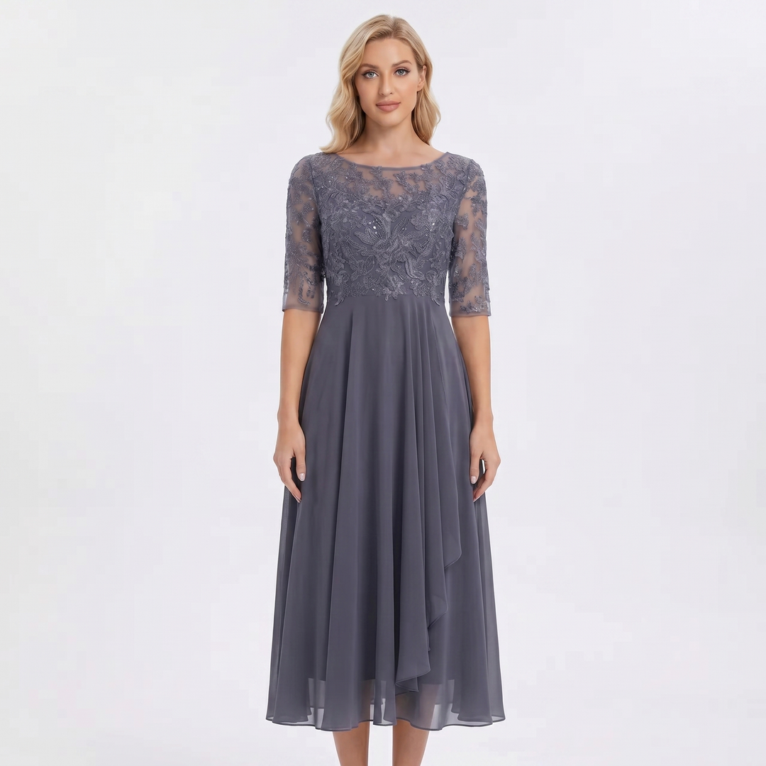 Women's Lace Bodice Chiffon Midi Dress Half Sleeve A-Line Mother of the Bride