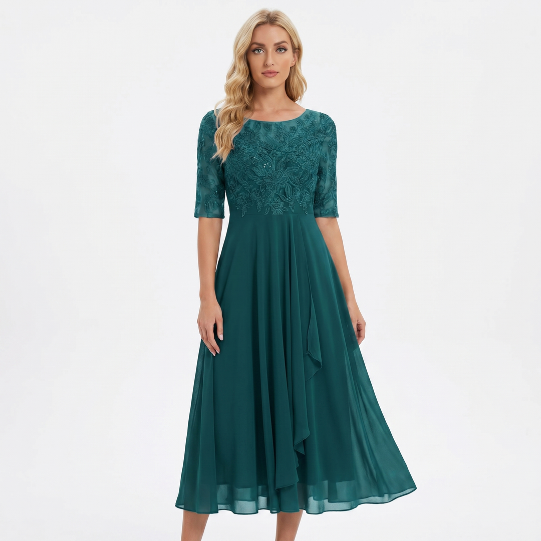 Women's Lace Bodice Chiffon Midi Dress Half Sleeve A-Line Mother of the Bride